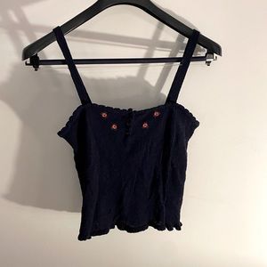 Rouje Navy Knit Tank Top with ruffle hem and floral embroidery size 38 (US 4)